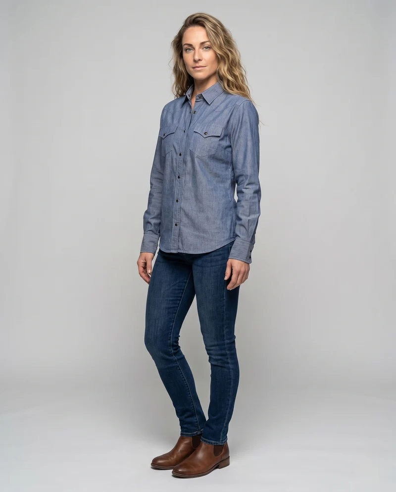 Damen Western-inspiriertes Chambray-Hemd mit Druckknopfleiste und doppelten Brusttaschen Nord Taschen