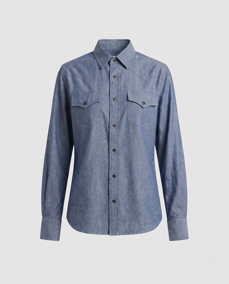 Damen Western-inspiriertes Chambray-Hemd mit Druckknopfleiste und doppelten Brusttaschen Nord Taschen