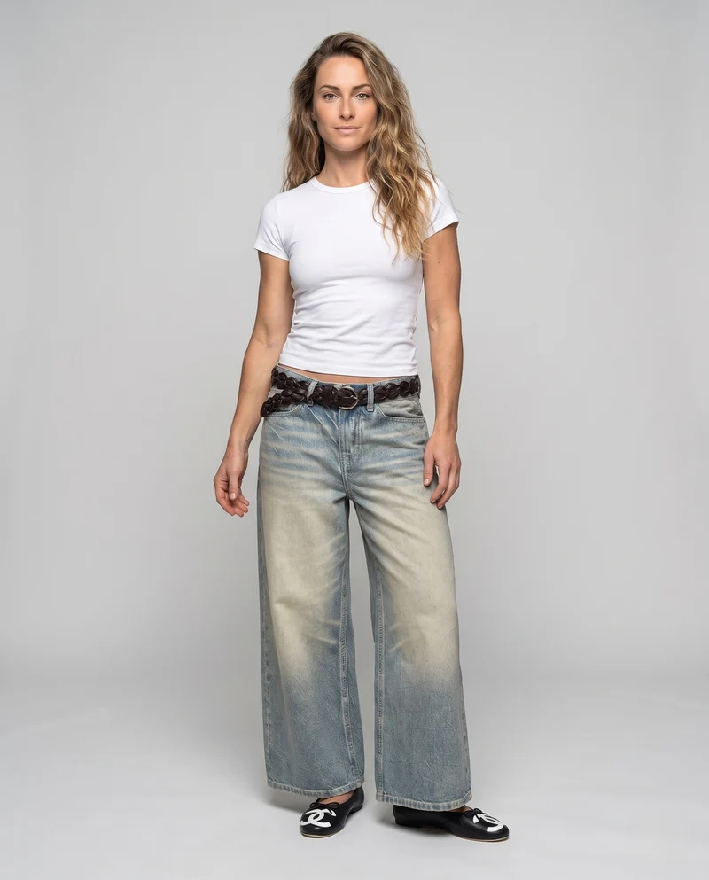 Damen Weitgeschnittene Cropped Denim-Jeans mit Vintage-Waschung Nord Taschen