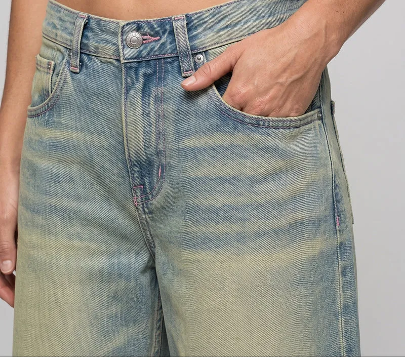 Damen Weitgeschnittene Cropped Denim-Jeans mit Vintage-Waschung Nord Taschen