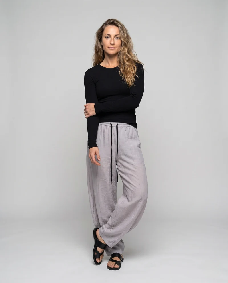 Damen Weite Leinenhose mit elastischem Tunnelzugbund und langen Kordeln Nord Taschen