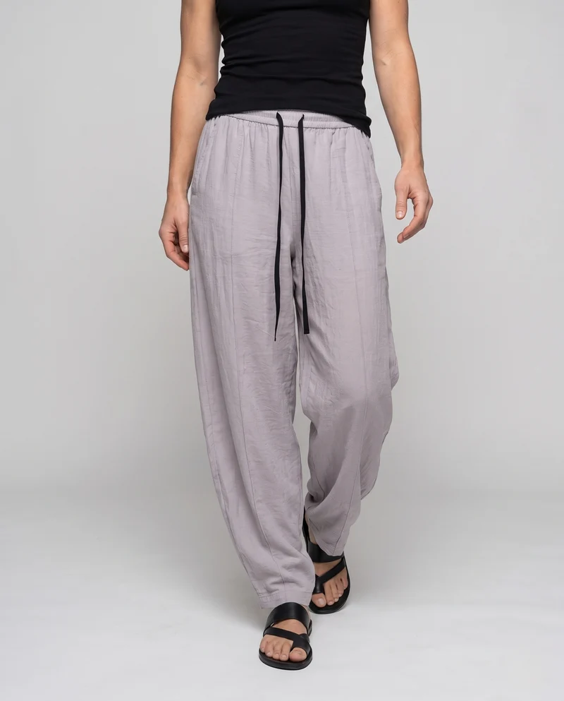 Damen Weite Leinenhose mit elastischem Tunnelzugbund und langen Kordeln Nord Taschen
