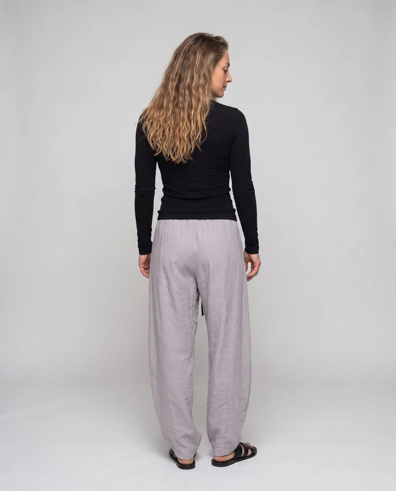 Damen Weite Leinenhose mit elastischem Tunnelzugbund und langen Kordeln Nord Taschen