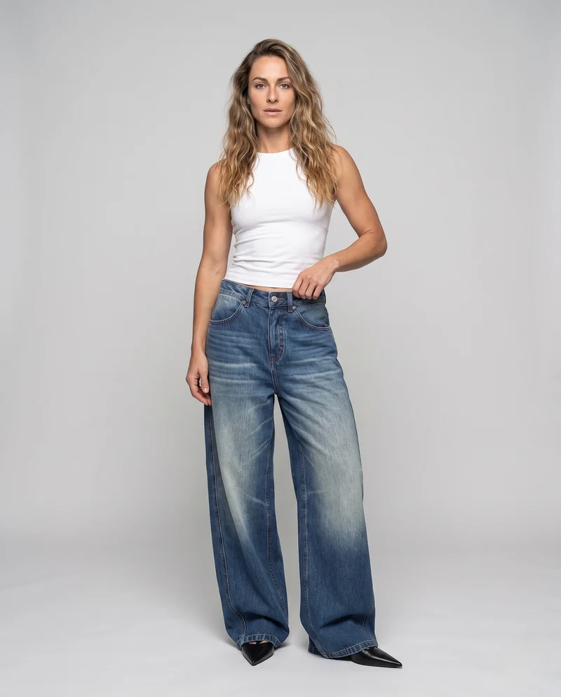 Damen weite Jeanshose mit hohem Bund und markanter Seitennaht Nord Taschen