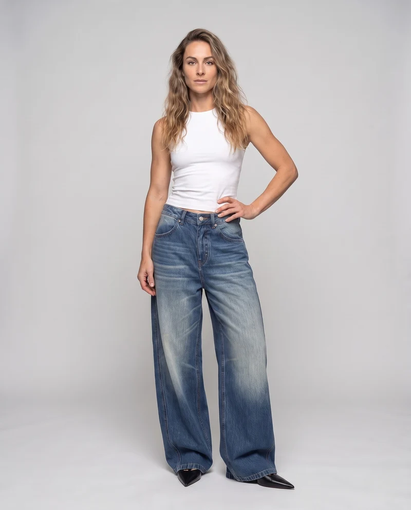 Damen weite Jeanshose mit hohem Bund und markanter Seitennaht Nord Taschen