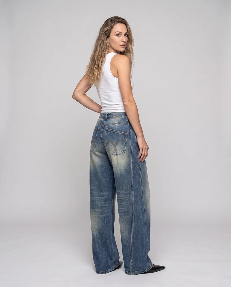 Damen weite Jeanshose mit hohem Bund und markanter Seitennaht Nord Taschen