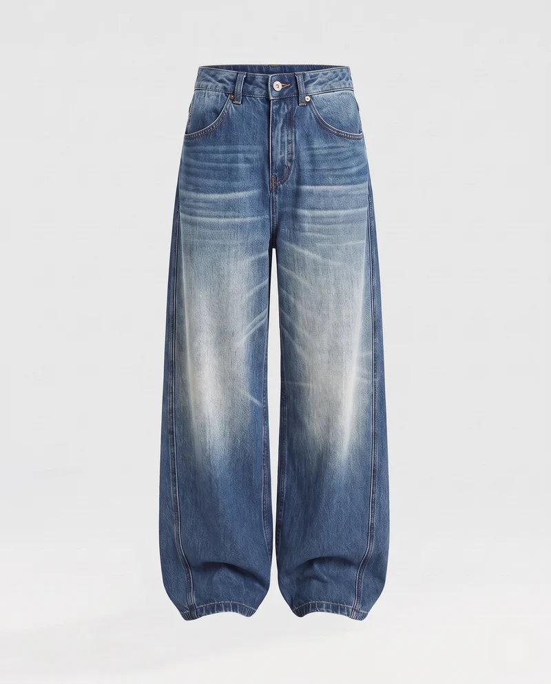 Damen weite Jeanshose mit hohem Bund und markanter Seitennaht Nord Taschen