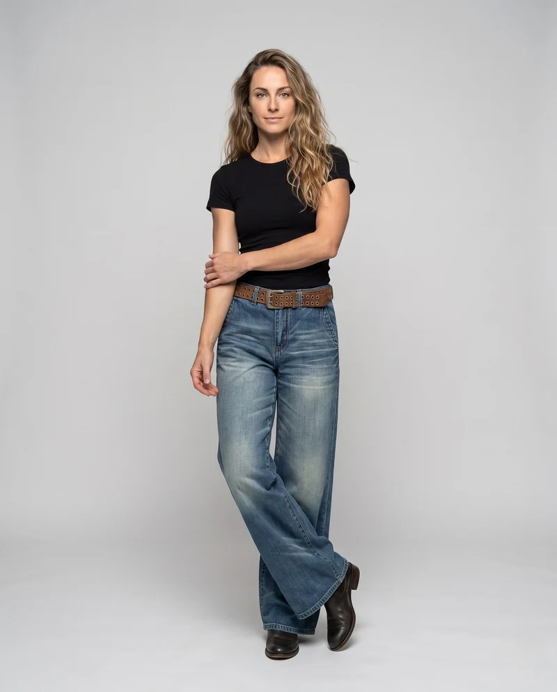 Damen Weite hochtaillierte Denim‑Palazzohose mit Used‑Wäscheffekt Nord Taschen