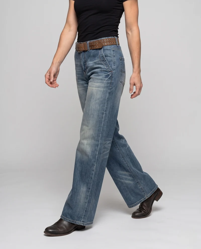 Damen Weite hochtaillierte Denim‑Palazzohose mit Used‑Wäscheffekt Nord Taschen