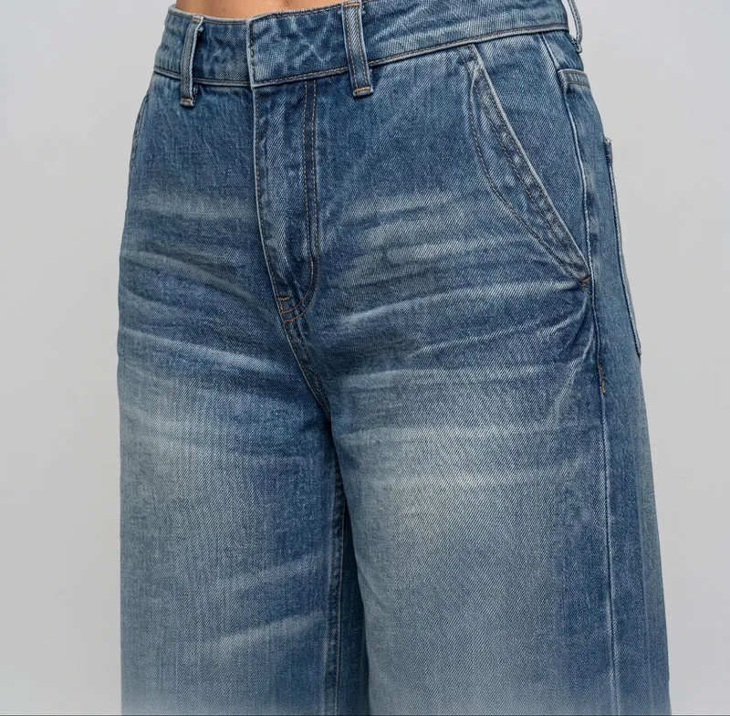Damen Weite hochtaillierte Denim‑Palazzohose mit Used‑Wäscheffekt Nord Taschen