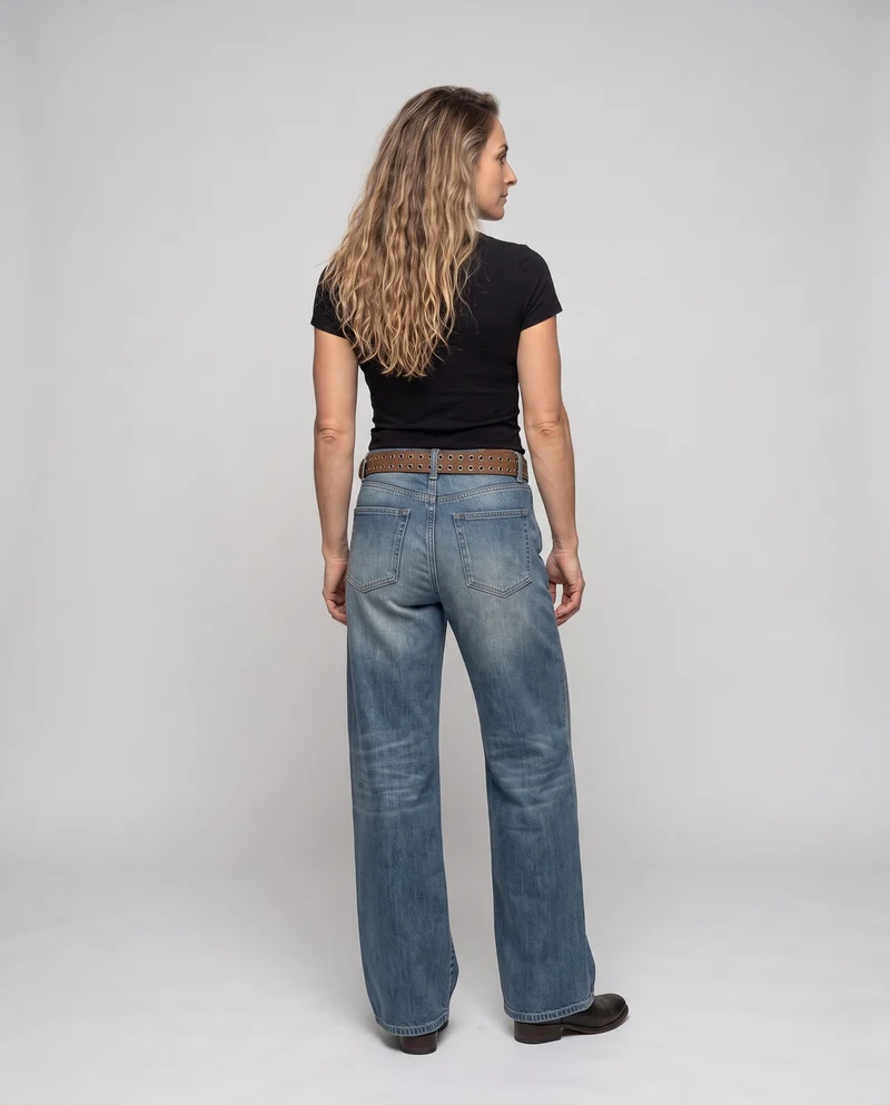 Damen Weite hochtaillierte Denim‑Palazzohose mit Used‑Wäscheffekt Nord Taschen