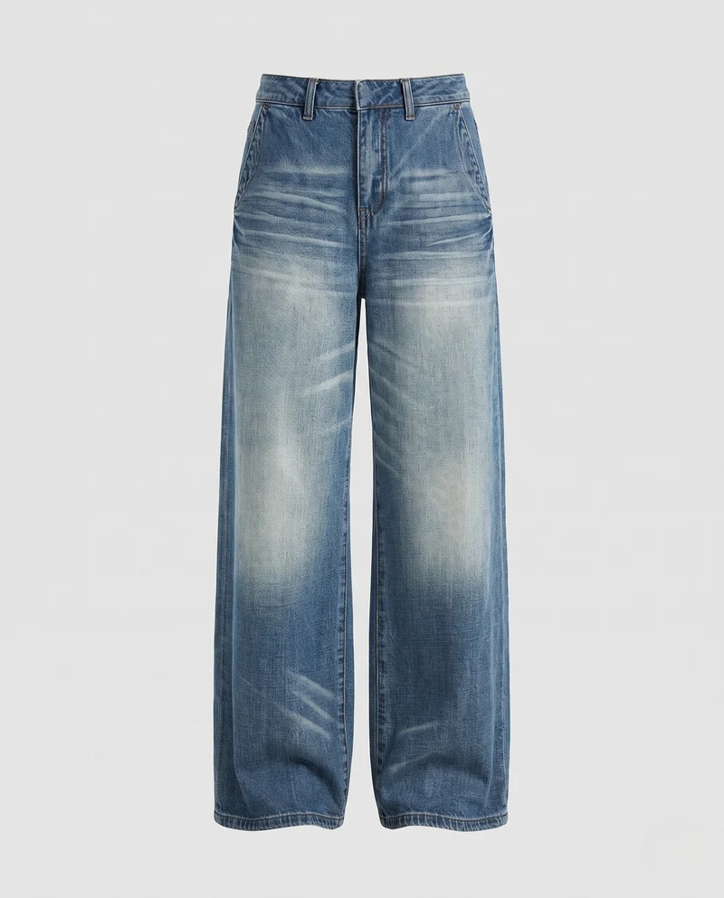 Damen Weite hochtaillierte Denim‑Palazzohose mit Used‑Wäscheffekt Nord Taschen