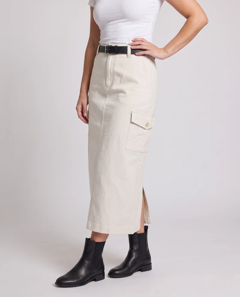 Damen Hochtaillierter Midirock mit geradem Schnitt, Eingrifftasche und leichter Leinenoptik Nord Taschen