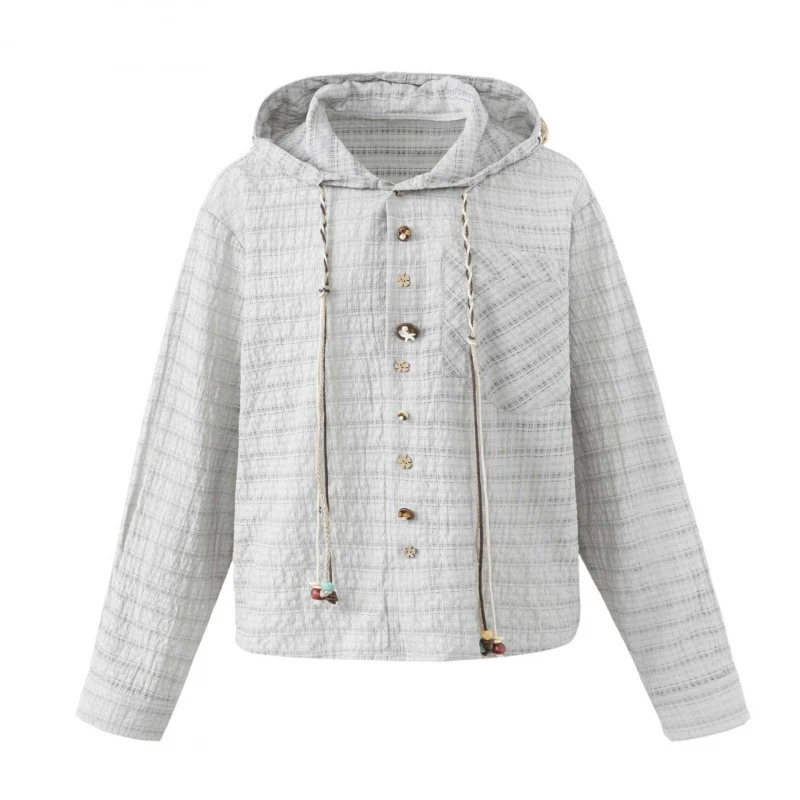 Damen Leichte Kapuzen-Blousonjacke aus strukturierter Baumwollmischung mit Knopfleiste und Zierkordel Nord Taschen