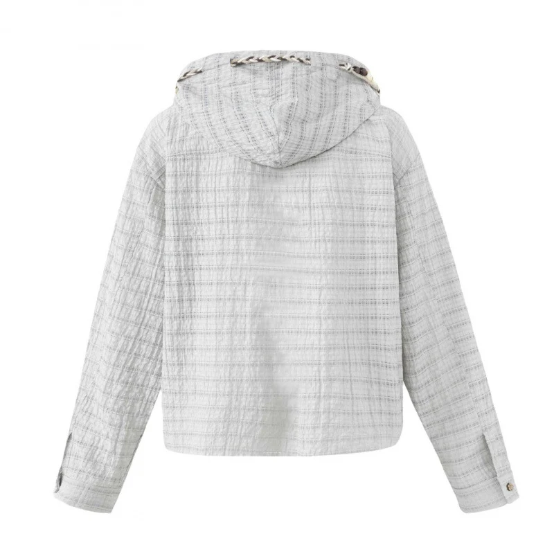 Damen Leichte Kapuzen-Blousonjacke aus strukturierter Baumwollmischung mit Knopfleiste und Zierkordel Nord Taschen