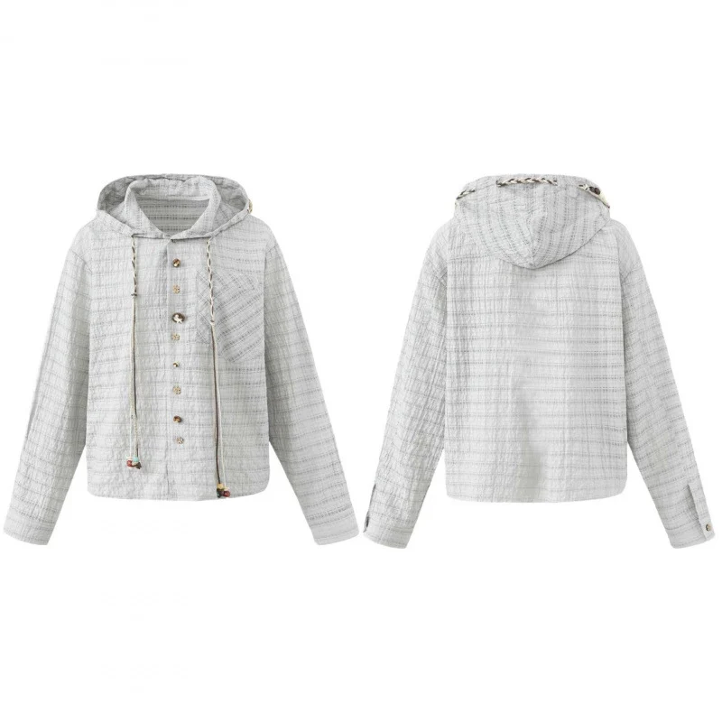 Damen Leichte Kapuzen-Blousonjacke aus strukturierter Baumwollmischung mit Knopfleiste und Zierkordel Nord Taschen