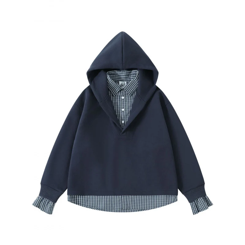 Damen Layering-Hoodie mit eingesetztem Hemdkragen, karierter Saum- und Manschettenoptik Nord Taschen