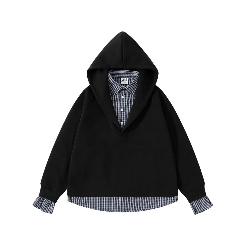Damen Layering-Hoodie mit eingesetztem Hemdkragen, karierter Saum- und Manschettenoptik Nord Taschen