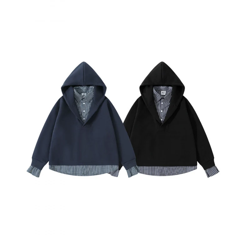 Damen Layering-Hoodie mit eingesetztem Hemdkragen, karierter Saum- und Manschettenoptik Nord Taschen