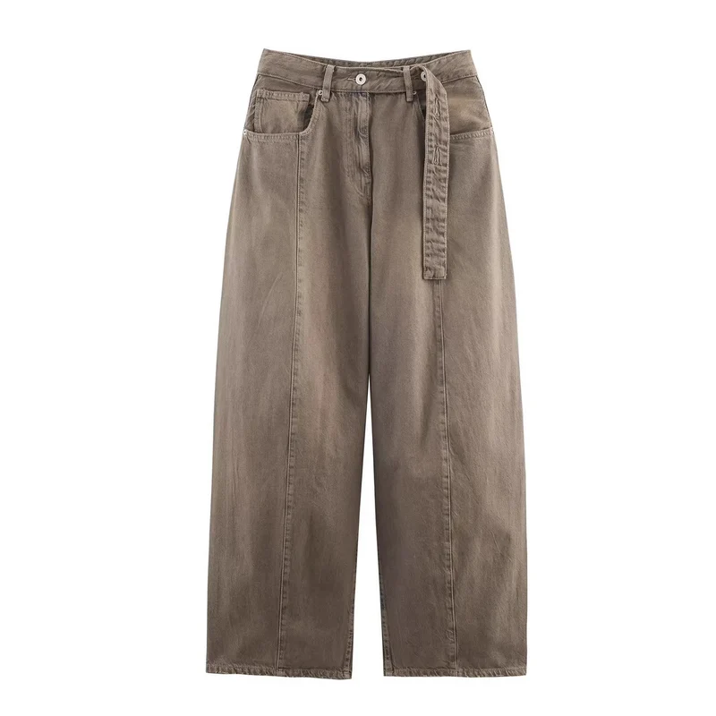 Damen Weite hochtaillierte Culotte-Hose mit Ziernaht, aufgesetzten Taschen und Bindegürtel Nord Taschen