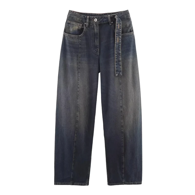 Damen Weite hochtaillierte Culotte-Hose mit Ziernaht, aufgesetzten Taschen und Bindegürtel Nord Taschen