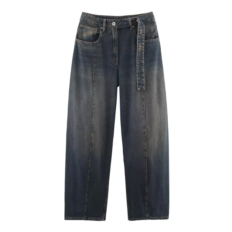 Damen Weite hochtaillierte Culotte-Hose mit Ziernaht, aufgesetzten Taschen und Bindegürtel Nord Taschen
