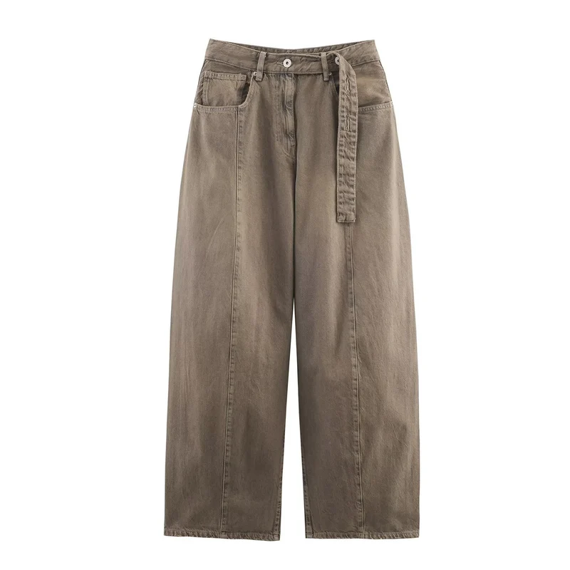 Damen Weite hochtaillierte Culotte-Hose mit Ziernaht, aufgesetzten Taschen und Bindegürtel Nord Taschen