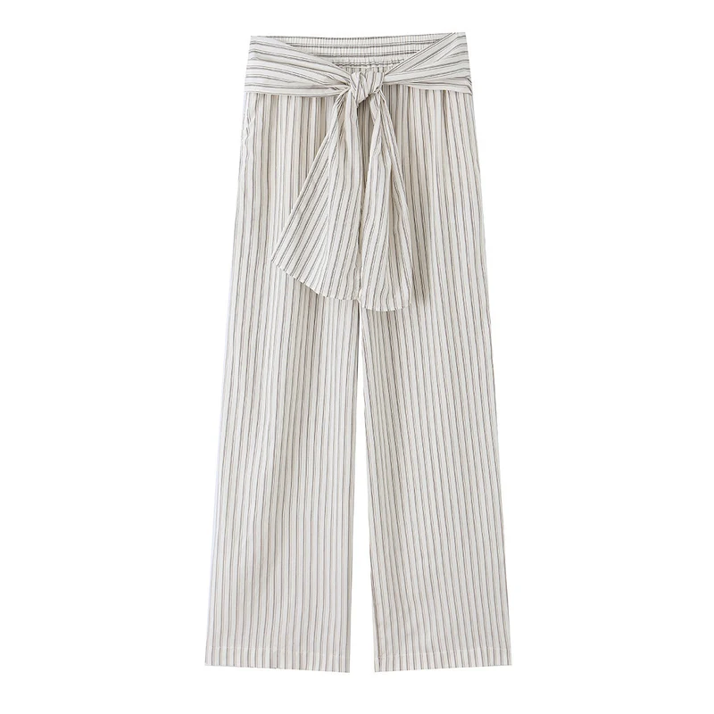 Damen Weite Highwaist-Hose mit vertikalen Streifen und Bindegürtel Nord Taschen