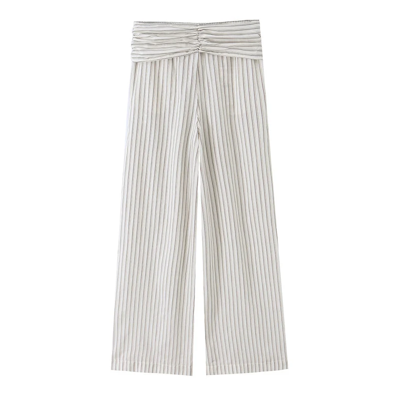 Damen Weite Highwaist-Hose mit vertikalen Streifen und Bindegürtel Nord Taschen
