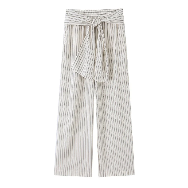Damen Weite Highwaist-Hose mit vertikalen Streifen und Bindegürtel Nord Taschen