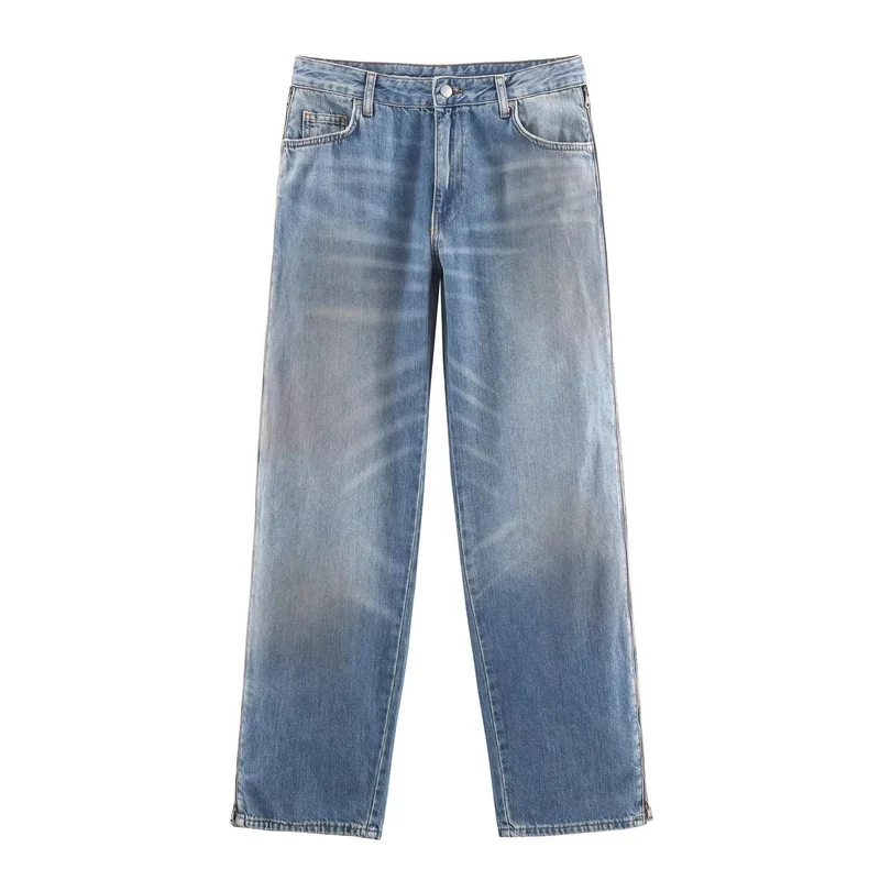 Damen Weite High‑Waist Jeans mit geradem Bein und Vintage-Wash Nord Taschen