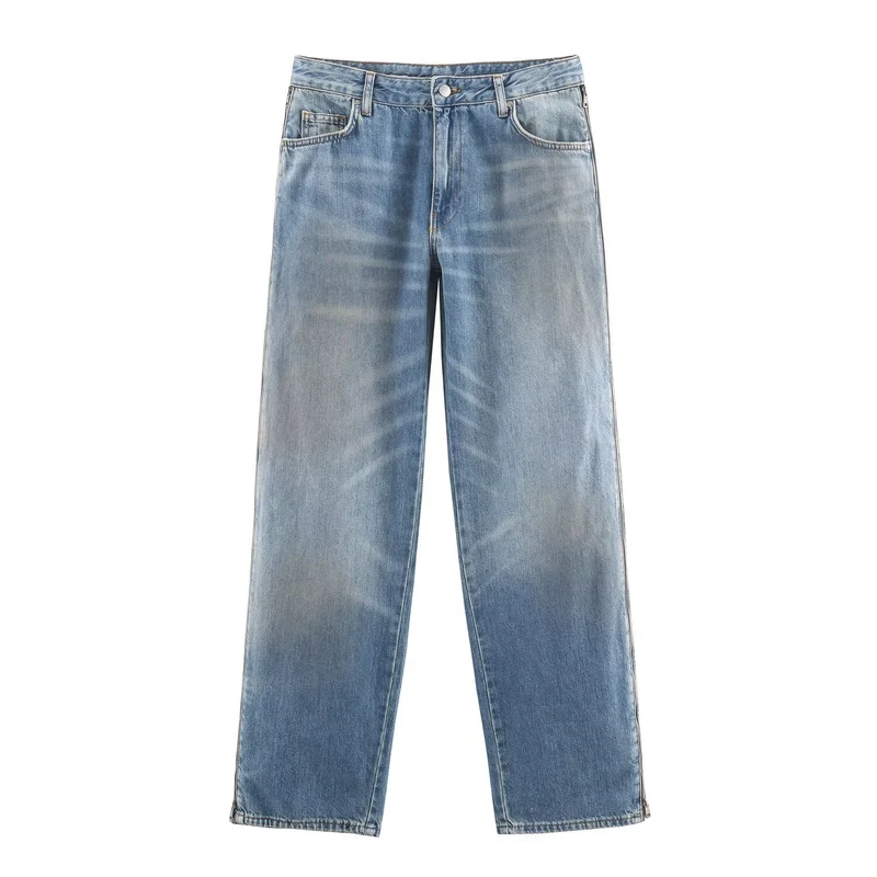 Damen Weite High‑Waist Jeans mit geradem Bein und Vintage-Wash Nord Taschen