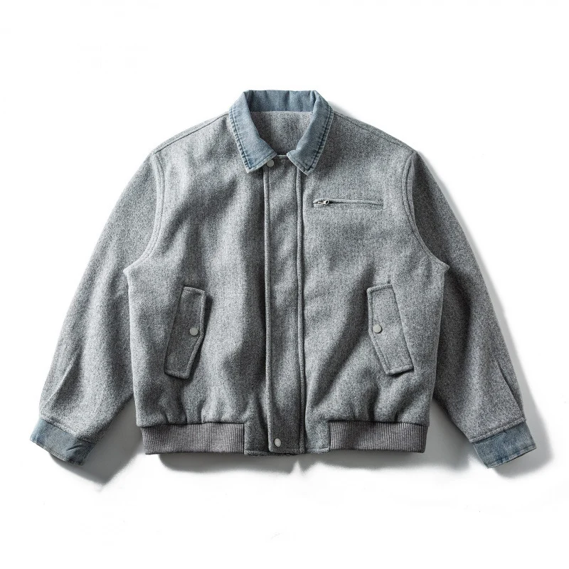 Herren Kurz geschnittener Wollmix‑Fliegerblouson mit Denim‑Kragen, verdecktem Reißverschluss und Pattentaschen Nord Taschen