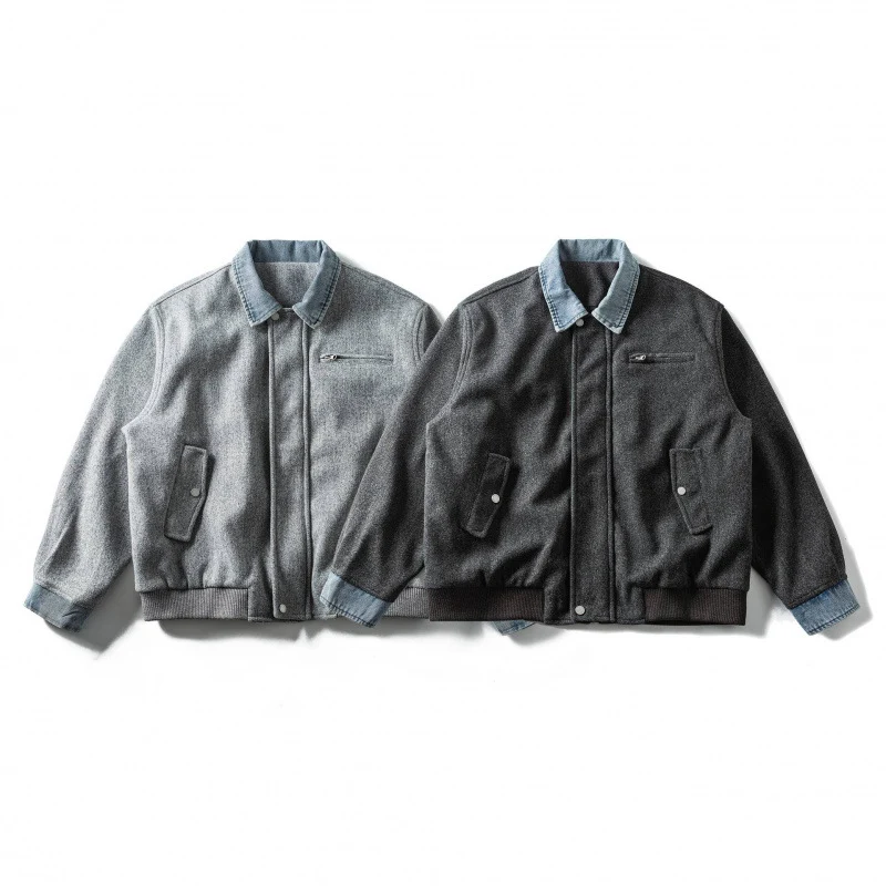 Herren Kurz geschnittener Wollmix‑Fliegerblouson mit Denim‑Kragen, verdecktem Reißverschluss und Pattentaschen Nord Taschen