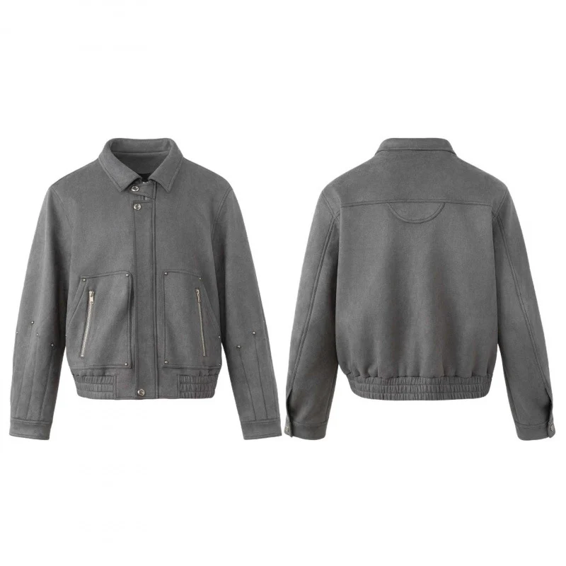 Herren Kurz geschnittener kastiger Blouson im Veloursleder‑Look mit aufgesetzten Reißverschluss‑Taschen und Metalldetail Nord Taschen