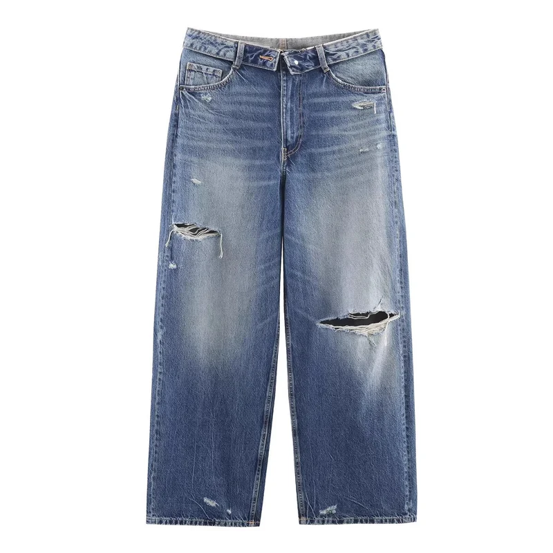 Damen Weite Destroyed-Jeans mit hoher Taille und geradem Bein Nord Taschen