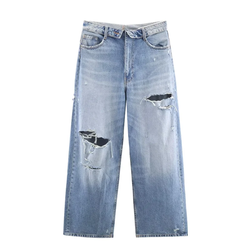 Damen Weite Destroyed-Jeans mit hoher Taille und geradem Bein Nord Taschen