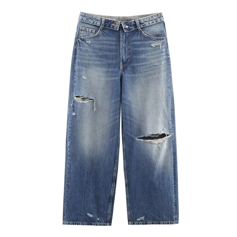 Damen Weite Destroyed-Jeans mit hoher Taille und geradem Bein Nord Taschen