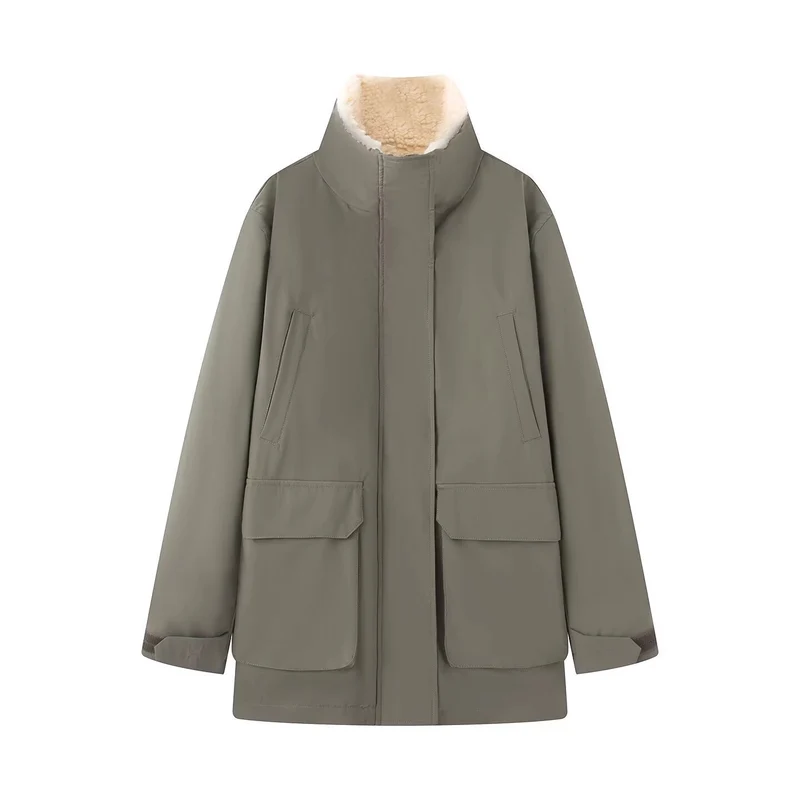 Damen Wattierte Parka‑Jacke mit hohem Teddykragen und aufgesetzten Klappentaschen Nord Taschen