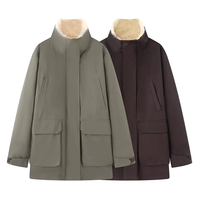 Damen Wattierte Parka‑Jacke mit hohem Teddykragen und aufgesetzten Klappentaschen Nord Taschen