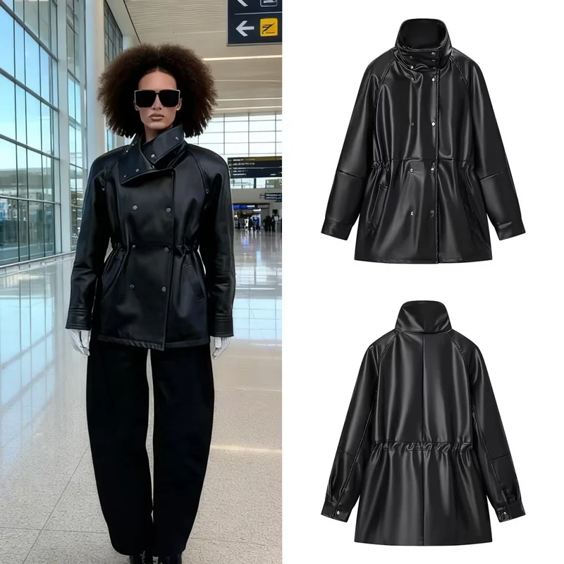 Damen Wasserabweisende Parka‑Jacke aus Kunstleder mit hohem Stehkragen und Tunnelzugtaillierung Nord Taschen