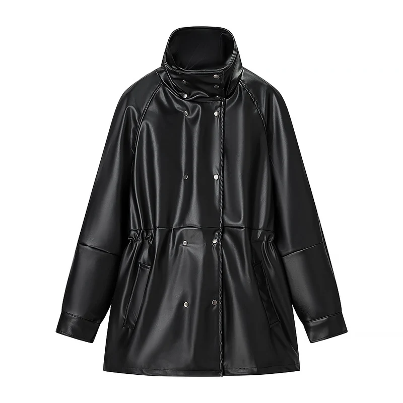Damen Wasserabweisende Parka‑Jacke aus Kunstleder mit hohem Stehkragen und Tunnelzugtaillierung Nord Taschen