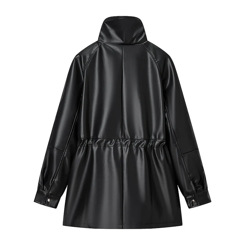 Damen Wasserabweisende Parka‑Jacke aus Kunstleder mit hohem Stehkragen und Tunnelzugtaillierung Nord Taschen