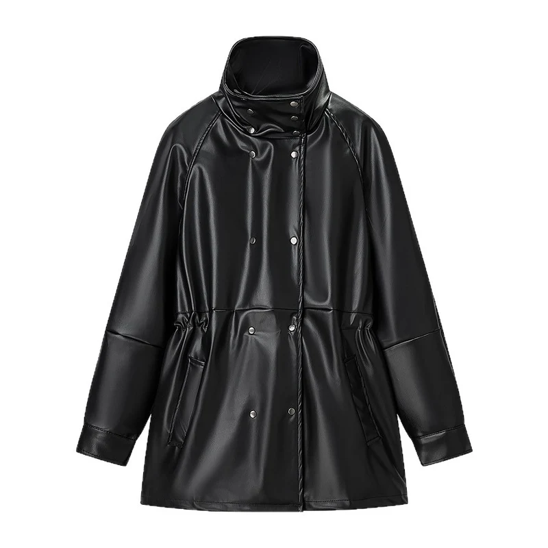 Damen Wasserabweisende Parka‑Jacke aus Kunstleder mit hohem Stehkragen und Tunnelzugtaillierung Nord Taschen