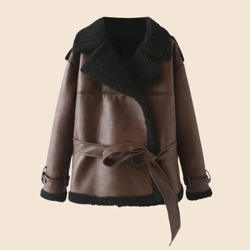Damen Taillierter Aviator-Mantel aus Kunstleder mit Teddyfutter und Bindegürtel Nord Taschen