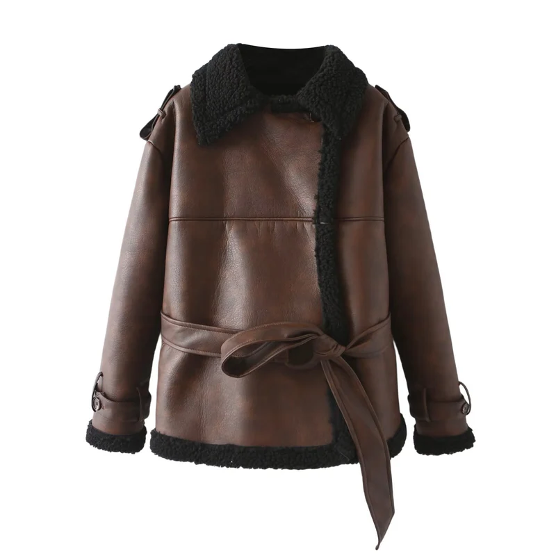 Damen Taillierter Aviator-Mantel aus Kunstleder mit Teddyfutter und Bindegürtel Nord Taschen