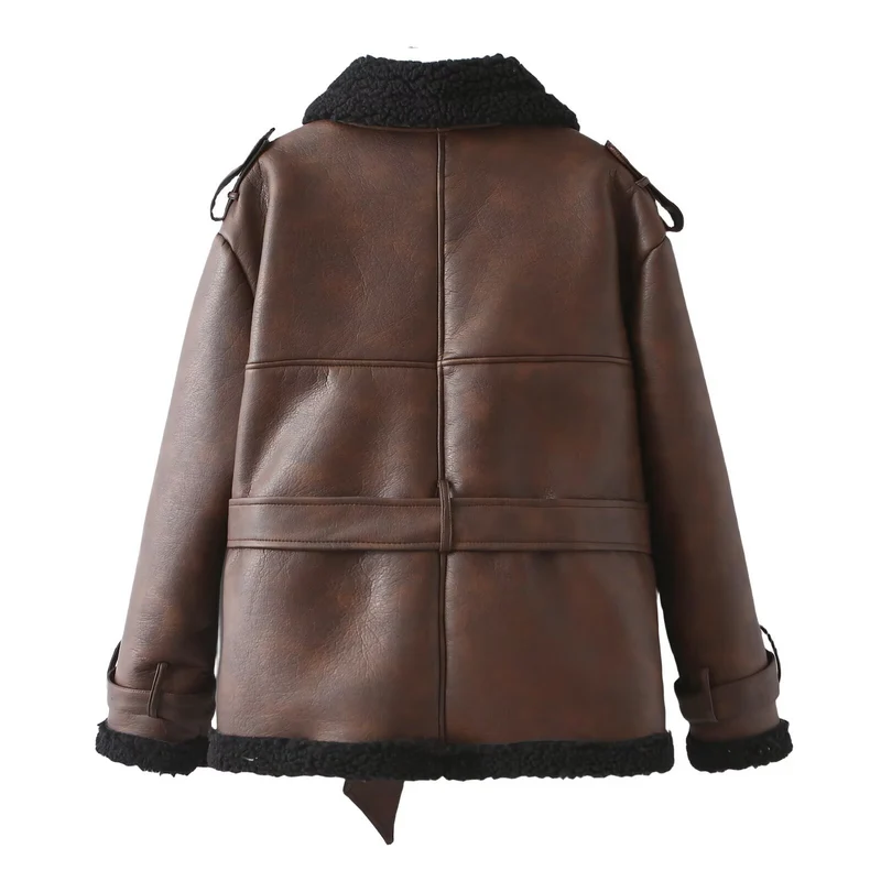 Damen Taillierter Aviator-Mantel aus Kunstleder mit Teddyfutter und Bindegürtel Nord Taschen