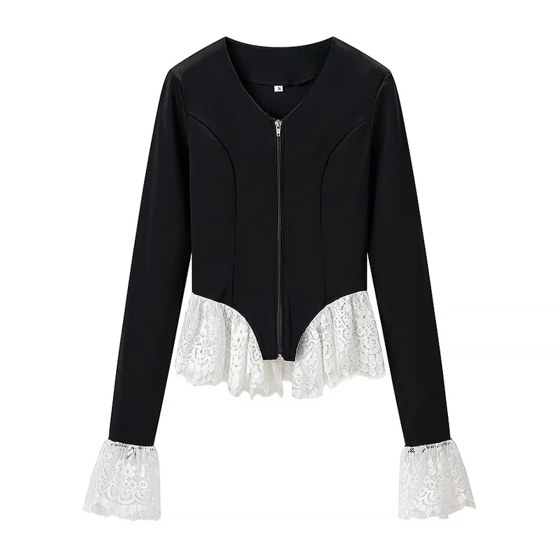 Damen Taillierte Zip‑Jacke mit Spitzenvolant am Saum und Ärmelabschluss Nord Taschen