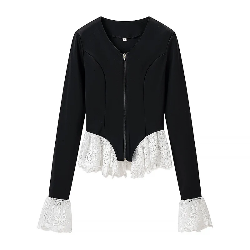 Damen Taillierte Zip‑Jacke mit Spitzenvolant am Saum und Ärmelabschluss Nord Taschen