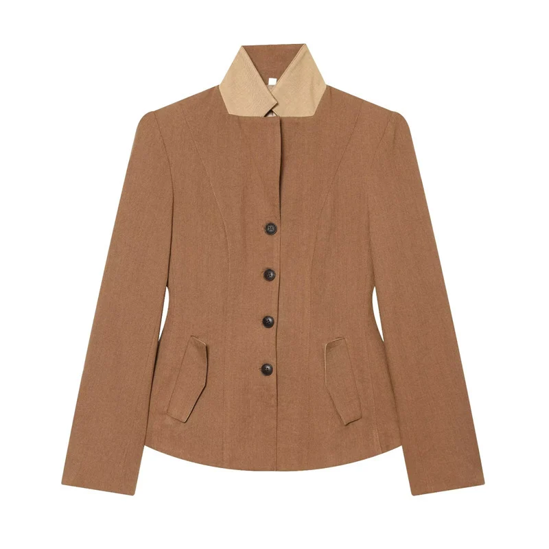 Damen Taillierte Woll-Reitjacke mit Stehkragen und Pattentaschen Nord Taschen